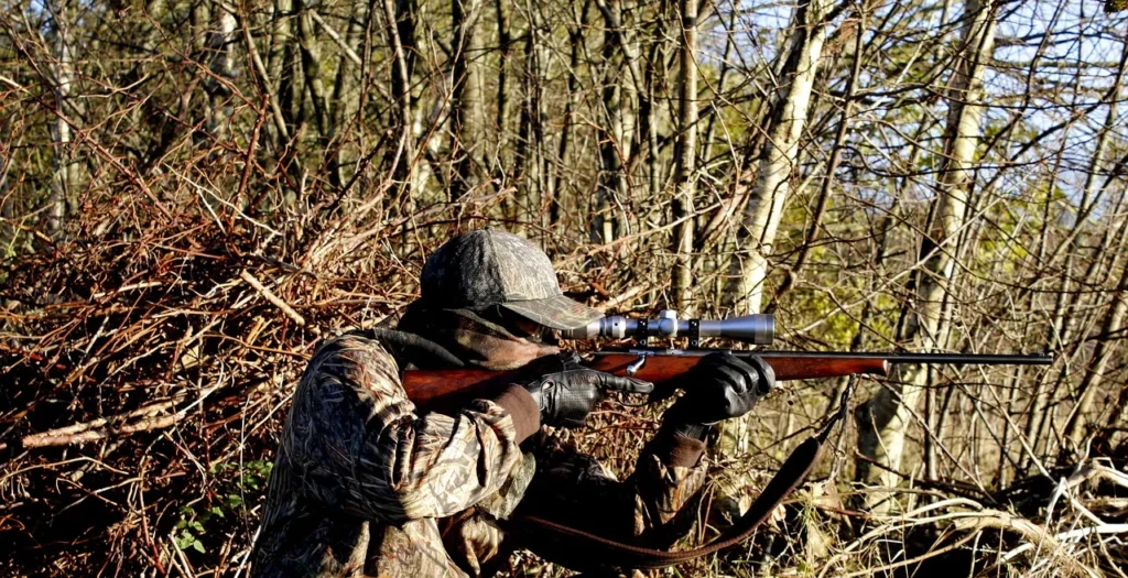 A hunter in camouflage, aiming a bolt-action rifle with a scope through dense brush in a wooded area.