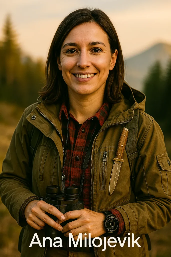 Portrait of Ana Milojevik, a smiling woman in a hunting jacket holding binoculars, with a knife attached to her jacket, set against a blurred outdoor, mountainous background at dusk, representing an expert in hunting and outdoor gear.