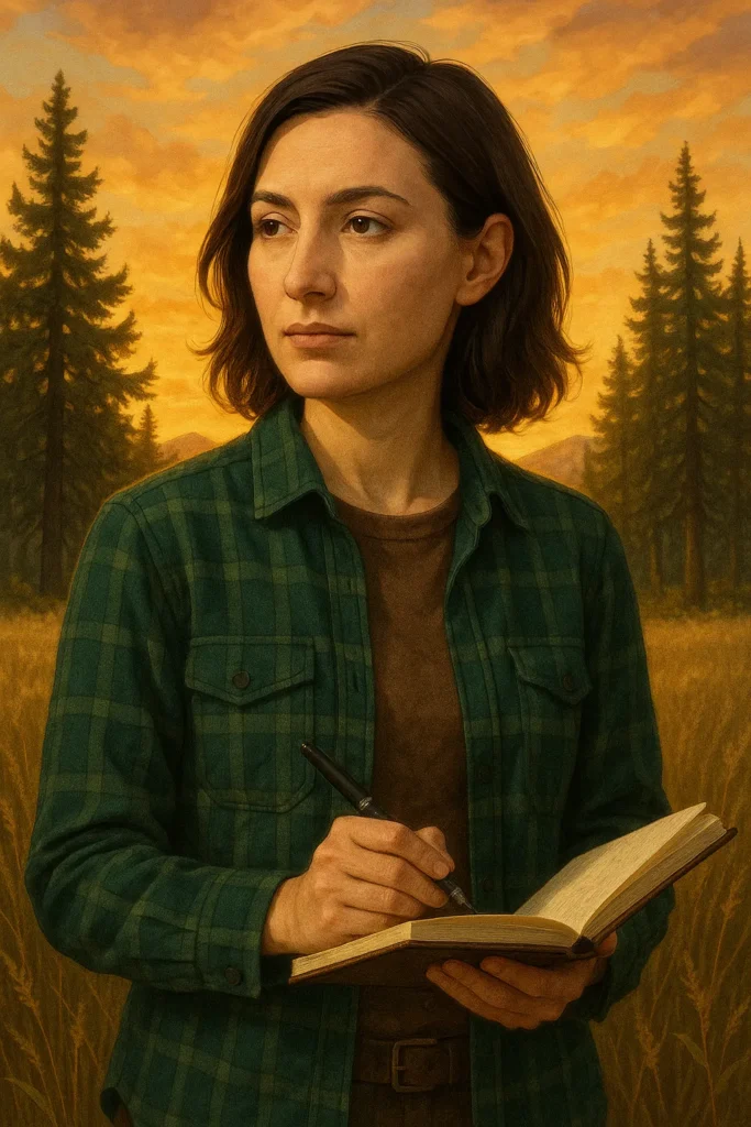 A woman with shoulder-length brown hair stands in a golden field at sunset, wearing a green flannel shirt and holding an open notebook with a pen, surrounded by tall grasses and pine trees in the background.