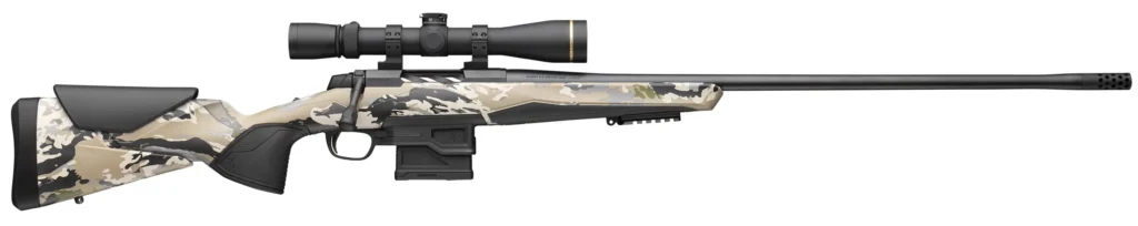 A Browning X-Bolt 2 Western Hunter LR rifle with a distinct camouflage pattern stock, black barrel, and a large scope mounted, presented against a white background.