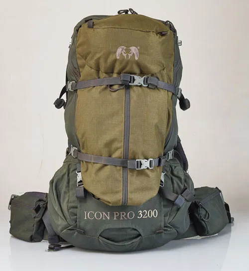 A large olive green and grey hunting backpack with multiple straps and pockets, labeled "ICON PRO 3200".