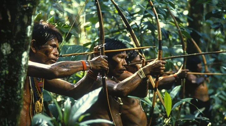 A group of Indigenous men in a lush green jungle, aiming traditional wooden bows and arrows, with their faces and arms showing body paint or markings.