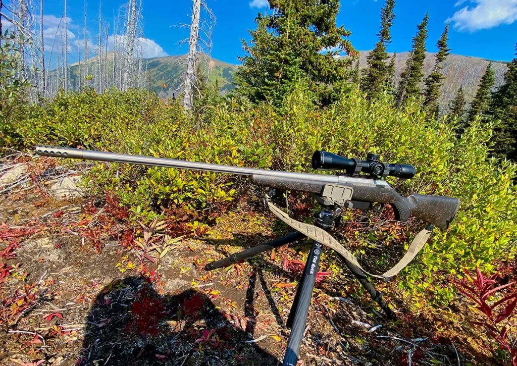 A Tikka T3x rifle, possibly a Lite or UPR model, with a long barrel and scope, mounted on a tripod in a sunny, brushy outdoor setting with trees and mountains in the background.