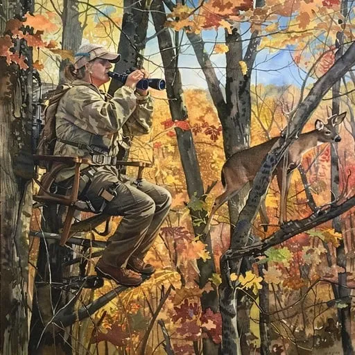 A hunter in a tree stand uses binoculars to observe a deer in a vibrant autumn forest.