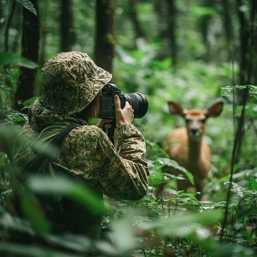 A person in camouflage, holding a camera with a large lens, photographs a deer in a dense, green forest.