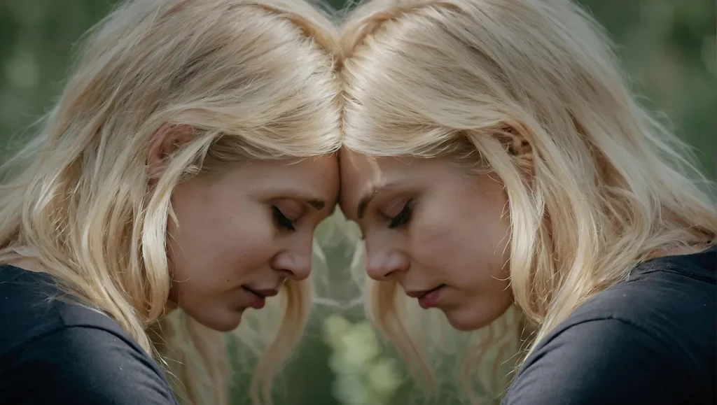 A mirror image of a blonde woman, with her eyes closed and foreheads touching, suggesting a moment of deep, intimate self-reflection or duality.