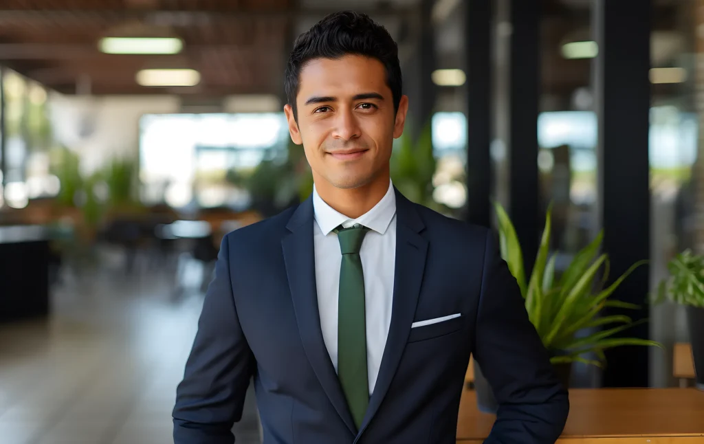 A smiling, confident man in a well-tailored navy blue suit and olive green tie standing in a modern, sunlit office environment. He maintains an upright, poised posture that conveys professional success and self-assurance.