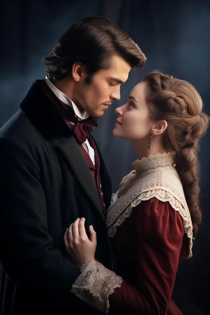 A side profile of a man and woman in 19th-century Victorian attire gazing into each other's eyes, illustrating historical grooming and fashion standards.