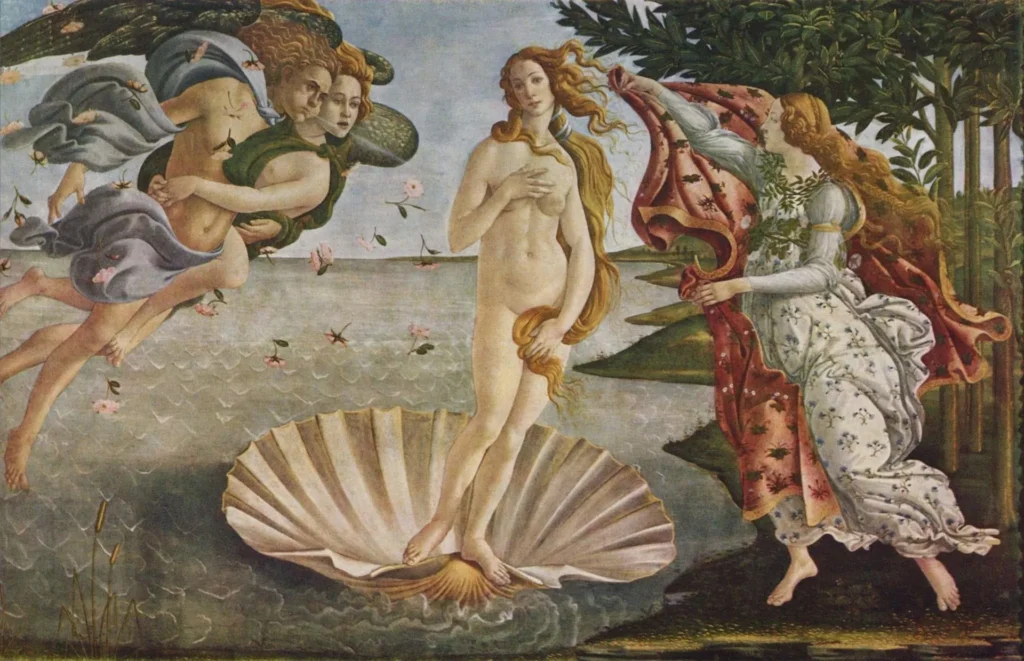 Sandro Botticelli’s painting "The Birth of Venus" depicting the goddess Venus standing in a giant scallop shell, representing the idealized feminine form of the Italian Renaissance.
