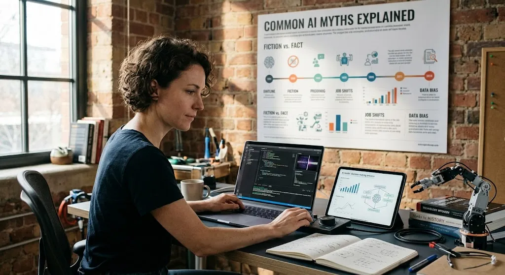 A realistic photograph of a female developer with curly hair working at her desk in a modern loft office with exposed brick walls. She is typing on a laptop showing lines of code, while a tablet next to it displays a diagram of an AI model's decision-making process. On the wooden desk, there is an open notebook with handwritten notes, a small robotic arm resting on a stack of books, and a ceramic mug. On the brick wall in the background hangs a large, well-designed infographic poster titled "COMMON AI MYTHS EXPLAINED" with sections labeled "Fiction vs. Fact," "Job Shifts," and "Data Bias." Natural light streams in from a large multi-pane window on the left.