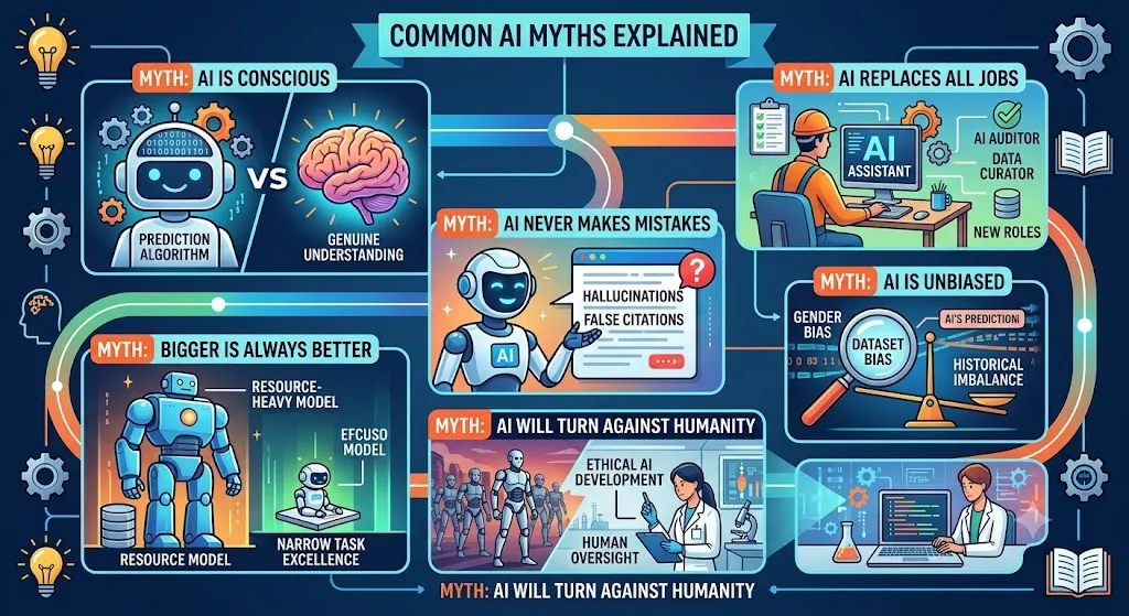 A colorful, tech-themed infographic titled "Common AI Myths Explained" set against a dark blue background with glowing accent lines, lightbulbs, and gear icons. The infographic is divided into six illustrated panels debunking popular misconceptions:

Myth: AI Is Conscious: Contrasts a robot labeled "Prediction Algorithm" with a human brain labeled "Genuine Understanding."

Myth: AI Replaces All Jobs: Shows a human professional collaborating with an "AI Assistant" on a computer, highlighting new roles like "AI Auditor" and "Data Curator."

Myth: AI Never Makes Mistakes: Displays a robot pointing to a screen highlighting "Hallucinations" and "False Citations."

Myth: AI Is Unbiased: Features a balance scale weighing "Gender Bias" and "Historical Imbalance" under a magnifying glass labeled "Dataset Bias."

Myth: Bigger Is Always Better: Compares a giant "Resource Model" robot with a smaller, efficient robot designed for "Narrow Task Excellence."

Myth: AI Will Turn Against Humanity: Contrasts an army of rogue sci-fi robots with a scientist in a lab coat working on "Ethical AI Development" and "Human Oversight."