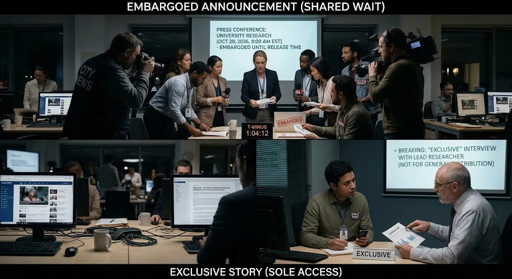A two-part composite image illustrating journalism practices. The top section, labeled "EMBARGOED ANNOUNCEMENT (SHARED WAIT)," shows a press conference with many reporters and a presentation screen marked "EMBARGOED UNTIL RELEASE TIME" and a countdown clock showing "T-MINUS 1:04:12." The bottom section, labeled "EXCLUSIVE STORY (SOLE ACCESS)," shows a one-on-one interview between a reporter and a researcher with an "EXCLUSIVE" sign on the table and a screen reading "BREAKING: 'EXCLUSIVE' INTERVIEW WITH LEAD RESEARCHER."