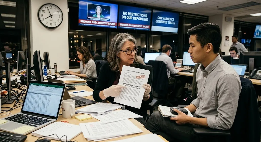 A senior news editor sitting at a desk with a reporter in a newsroom, holding up an embargo agreement document clearly stamped 'DECLINED' in red ink to protect editorial independence and avoid restrictive conditions.