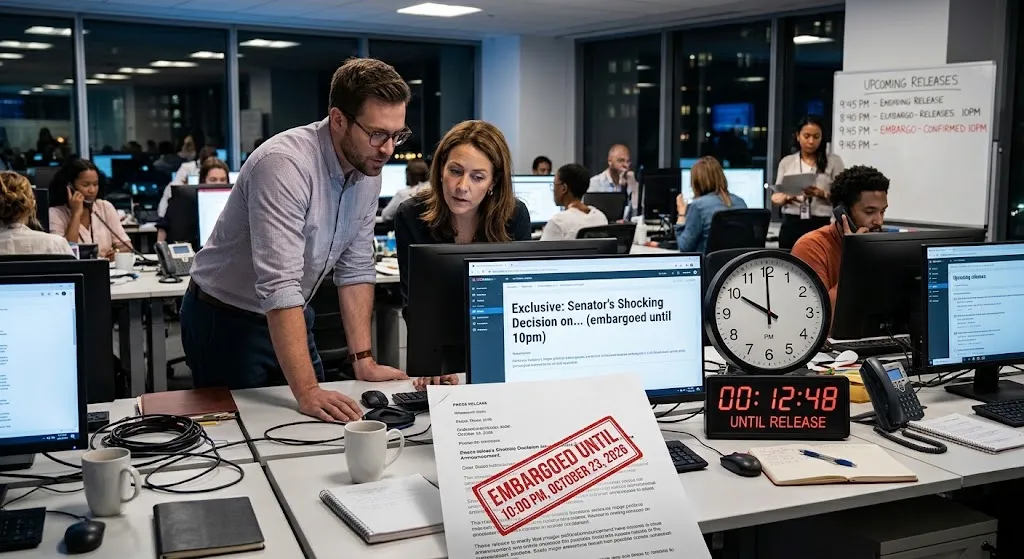 A candid photograph in a busy, modern newsroom shows two journalists intensely focused on a laptop screen displaying a headline draft with a time lock icon. In the foreground, a prominent physical press release is visible with a large, bold red stamp that reads 'EMBARGOED UNTIL 10:00 PM, OCTOBER 23, 2026', alongside an analog clock and a digital timer counting down the time until release.